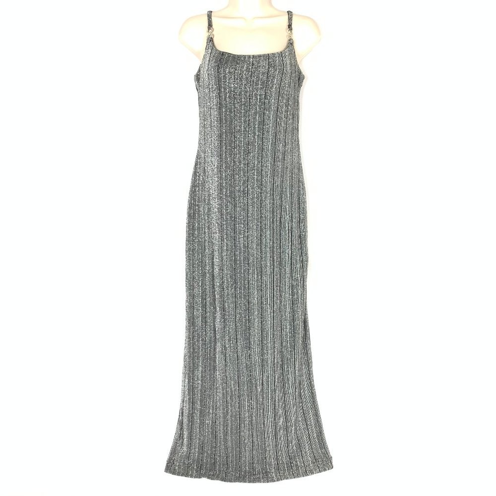 Vtg Holiday Dress Maxi Mettalic Silver Shiny Formal Gown 5